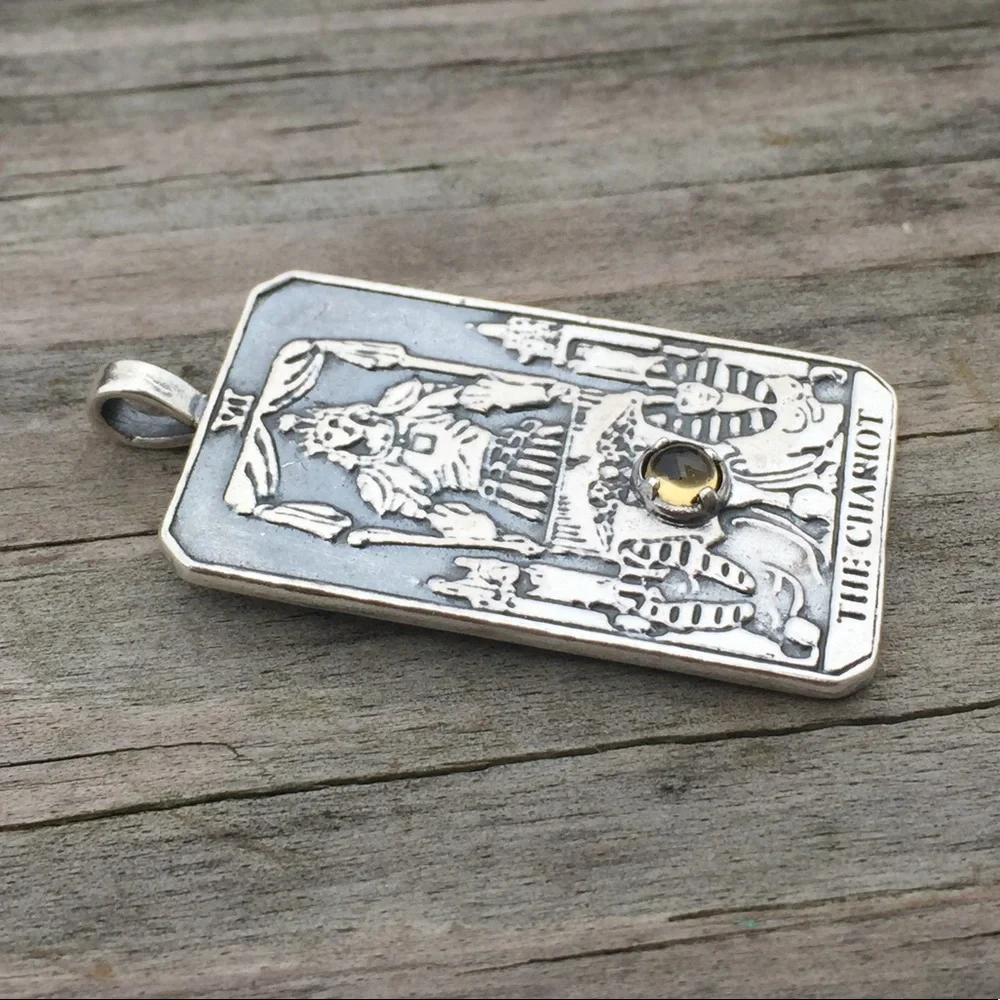 Chariot Tarot Card Pendant .925 Sterling Silver w/ genuine Citrine made in USA - Picture 5 of 9